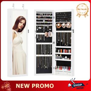 Full-Length Mirror Jewelry Cabinet with Built-in Makeup Mirror, Wall or Door Mount Organizer Armoire, Lockable Storage with 2 Drawers