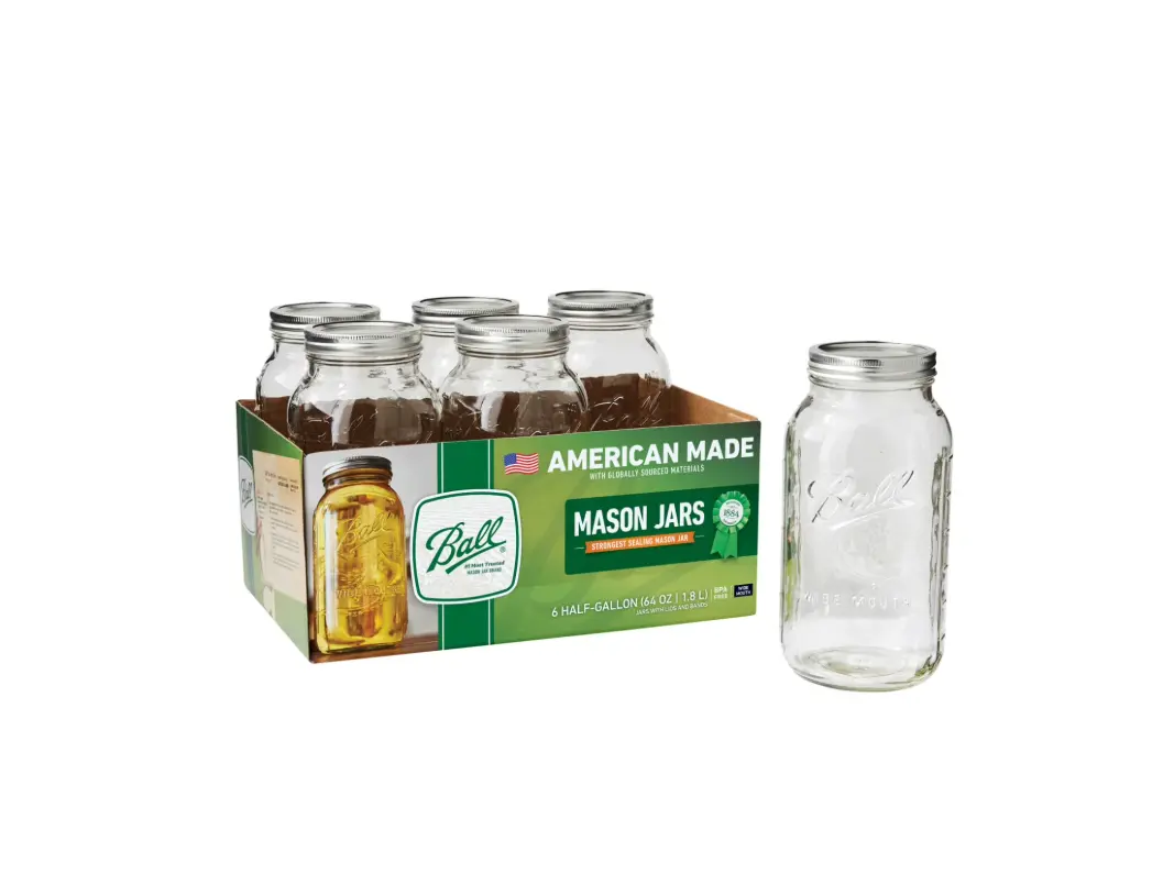 64 Oz Wide Mouth Glass Mason Jars with Lids & Bands, 6-Pack, Food Storage