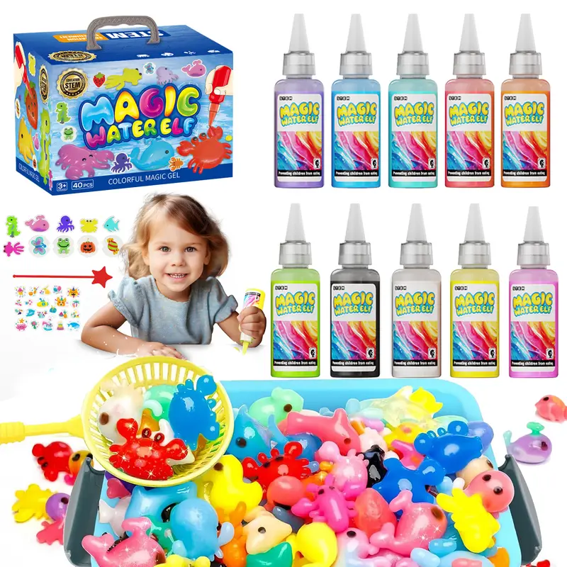 Magic Water Elf Squishy Toy Kit - Kids' DIY Squishy Kids Toys with Sensory Fun, 10 Gels, 24 Animal Shape Molds, Stickers, Tidy Organizer, Homeschooling Craft, Cool Gifts for Boys & Girls Ages 3+