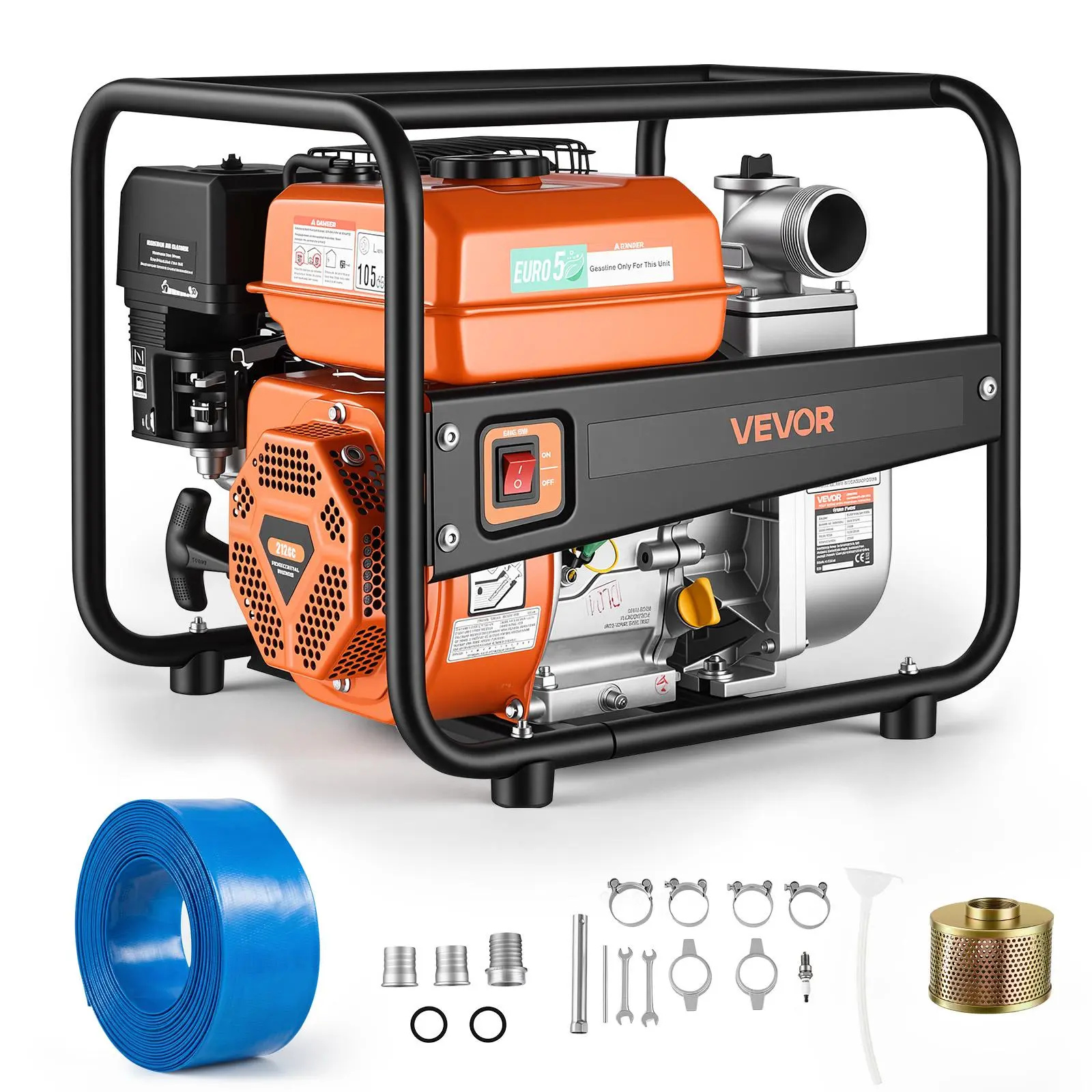【Summerfinds】VEVOR 7HP Gas-Powered Semi-Trash Water Transfer Pump, 2-in 158 GPM Efficient High Capacity Powered Pond Pump with 25 ft Discharge Hose, Heavy-Duty Frame, Cast Iron Impeller for Irrigation, Drainage, Farms, Efficient Pump