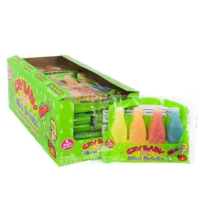 Cry Baby Sour Mini Drinks Wax Bottles - 1 of Pack of 4 flavors , All-Ages Snack, Tart & Tangy Flavors - Retro