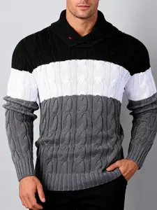 Men's Fall Outfit: Black, White, and Gray Color-Block Chunky Cable-Knit Sweater with Two-Button Collar, Warm and Comfortable for Commuting, Daily Wear, and Home Lounging, Men's Pullover Sweater Knitwear, Knitted Sweater