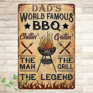 Vintage BBQ Grill Master Aluminum Sign - Rustic "Dad's World Famous BBQ" Wall Art with Chillin' Grillin' Design - Waterproof & Dustproof Metal Decor for Home, Bar, Cafe, or Pub - Perfect Holiday Gift, Pub Decoration
