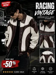 Men's Motorcycle Style Colorblock PU Leather Jacket, Long Sleeve Fitted Windproof Coat, Perfect for Riding, Commuting, Casual Wear, Menswear