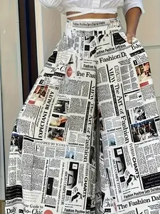 Women's Newspaper Print Palazzo Wide Leg Pants, Casual High Waist Loose Fit, Stylish and Comfortable Women's Clothing
