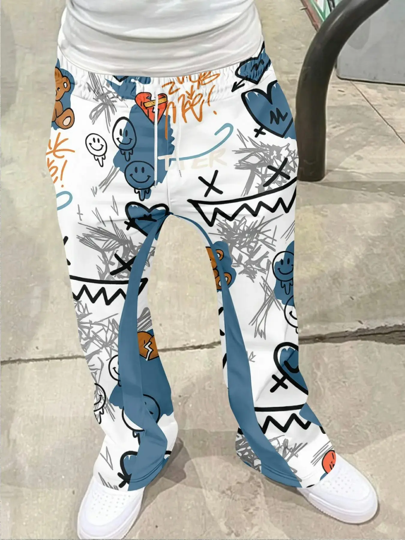 Men's Colorblock Drawstring Waist Flare Pants, Casual Comfortable Pocket Long Pants, Y2K Streetwear Vibe Vintage Cartoon Print, Spring Fall Fashion, Casual Streetwear Trousers