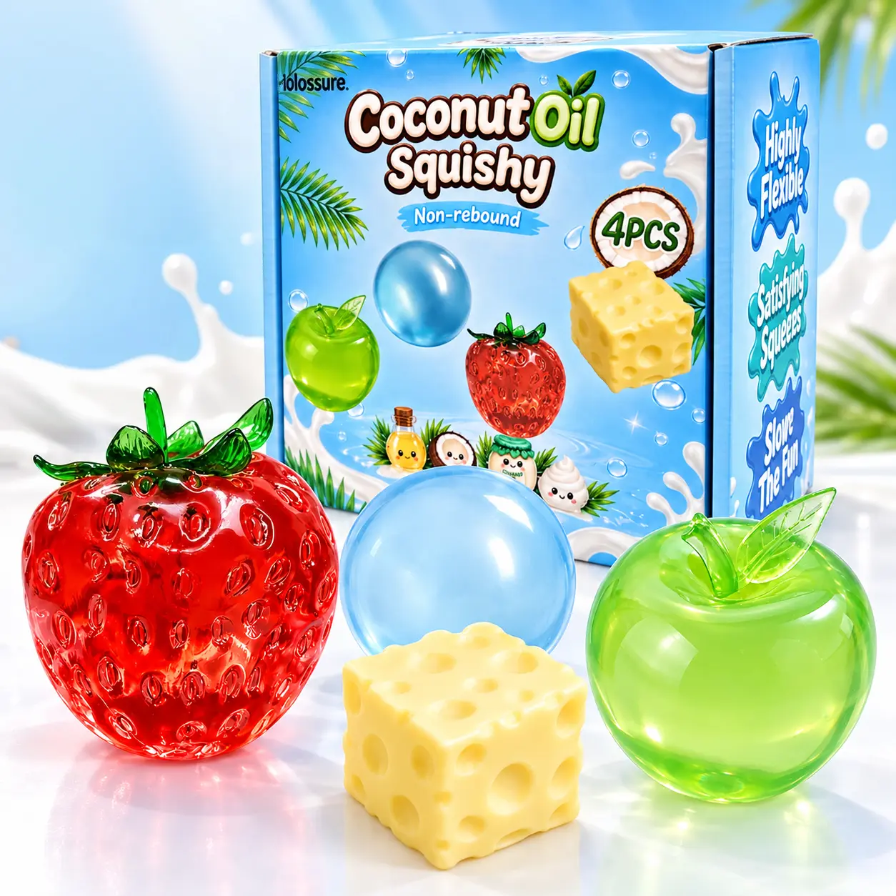 Classic Slime & Squishy Toys 4-Pack, Coconut Oil Shapeable No-Rebound Fidget Balls, Assorted Collectible Squishies (Cheese, Strawberry Shapes), Relaxing ASMR Slime ASMR Kids’ Toys, Cute Desk Decor Gifts