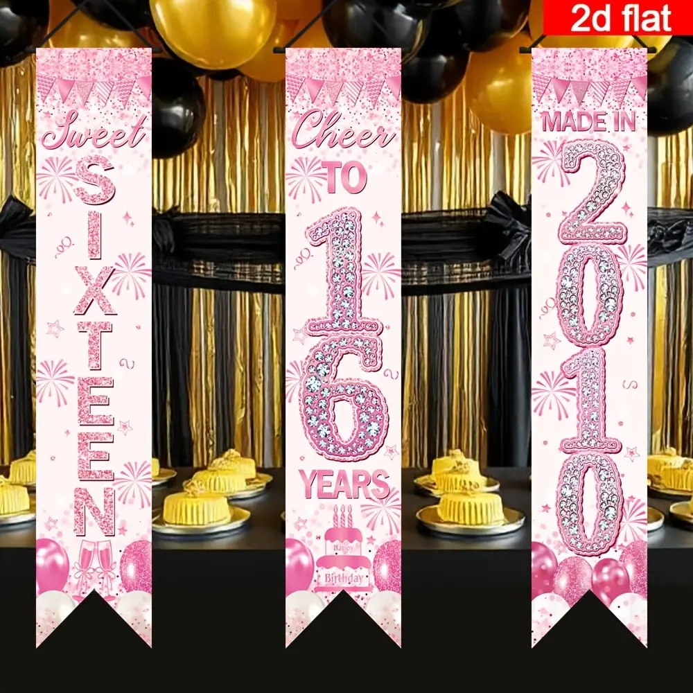 2D Flat Banner Set, 3 Pieces, 16th Birthday Happy Doorway Sign, Princess Theme Party Banner, Polyester, Home Decor for Walls, Courtyard, Garage, Party Decoration Banner