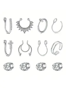 Rhinestone Decorated Fake Nose Ring (12pcs) Nose Rings Set, Faux Lip Ear Nose Septum Ring, Non-piercing Magnetic Earring, Punk Style Body Jewelry for Women & Men, Birthday Gift