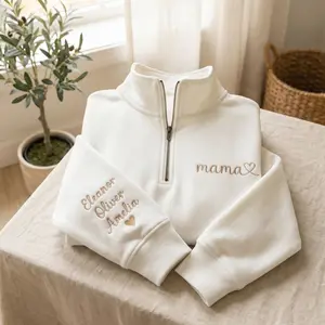 Embroidered Custom Girl Mama Quarter Zip Sweatshirt, Personalized Shirt with Name On Sleeve, Mothers Day Zip Shirt, New Mom Gift