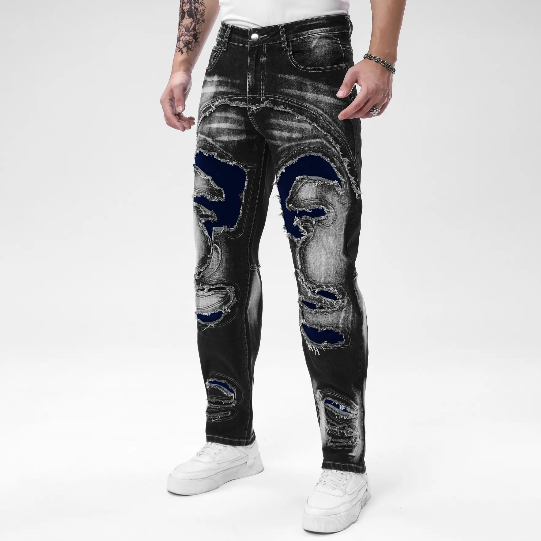 Men’s vintage washed stretch denim jeans, minimalist and premium design, multi-layered frayed hem, color-block patchwork, versatile for biker, street, and casual outfits