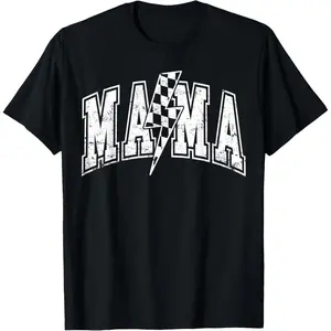 Cotton Short Sleeve  T-Shirt Mama Lightning Bolt Checkered Varsity Mom Mother's Day T-Shirt Baseball Black Graphic tees