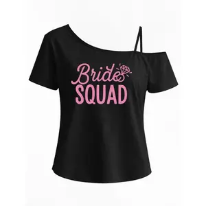 Womens Asymmetrical One Shoulder Cold Shoulder Short Sleeve T Shirt Bride Squad Diamond Ring Graphic Top for Bachelorette Party Bridal Shower Girls Trip