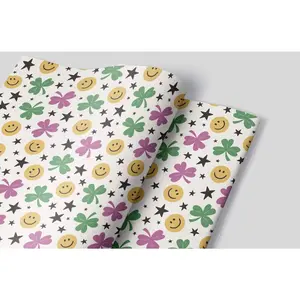 Three Pre-Cut Sheets of Four-Leaf Clover Smiley Wrapping Paper for Gift Wrapping and DIY Crafting