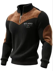 Men's Stand Collar Pullover Sweater, Autumn Winter Warm Half Zip Letter Flag Print Patchwork Ribbed Retro Streetwear