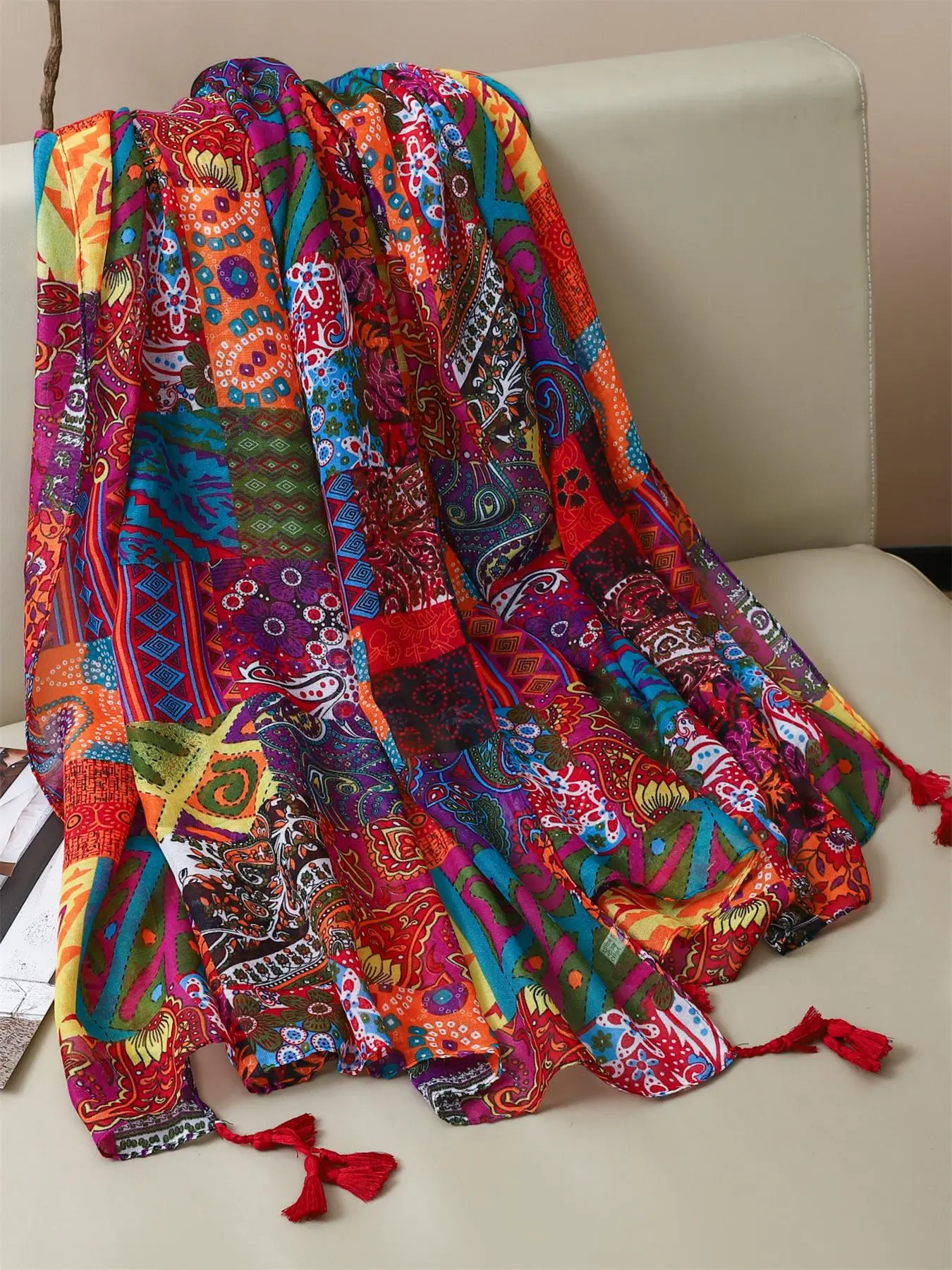 Colorblock Print Scarf, Boho Style Shawl for Women & Men, Fashion Accessories for Daily Wear, Trendy All-match & Exquisite Scarf for Birthday Gift, Floral Print Scarf, Boho Shawl Wrap