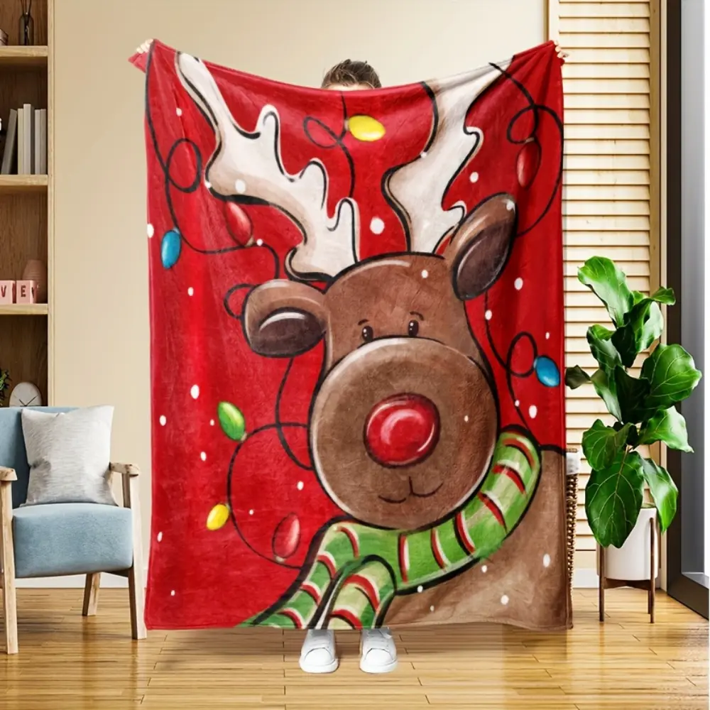 Cute Christmas Throw Blanket, Reindeer Rudolph Blanket with Christmas Lights and Scarf Design, Cozy Holiday Blanket for Kids Family Couch Sofa Bed, Fun Xmas Home Decor Gift, Soft Warm Winter Blanket for Christmas Season