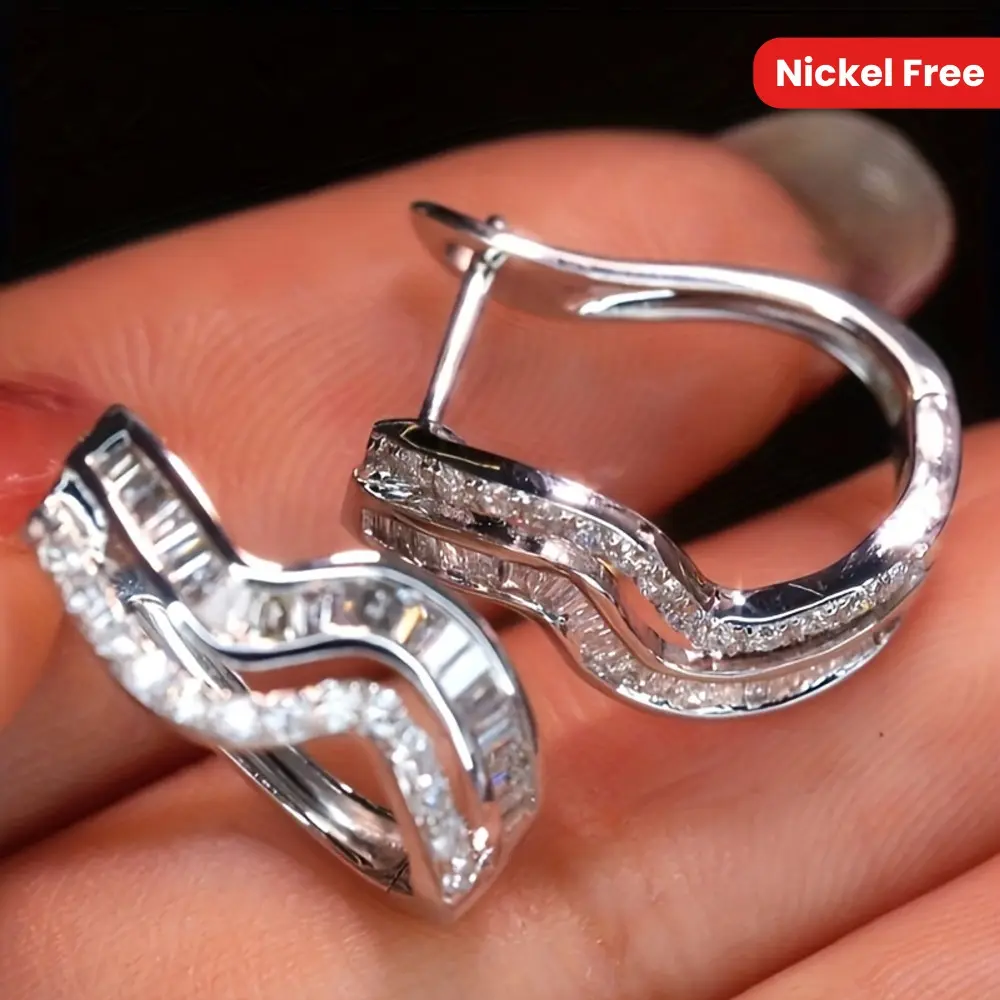 Women's Fashionable Sparkling Zirconia Paved Wave Hoop Earrings, Elegant Copper Hypoallergenic Costume Jewelry, Ideal for Daily-Party Wear, Fashionable Earrings, Cubic Zirconia Earrings