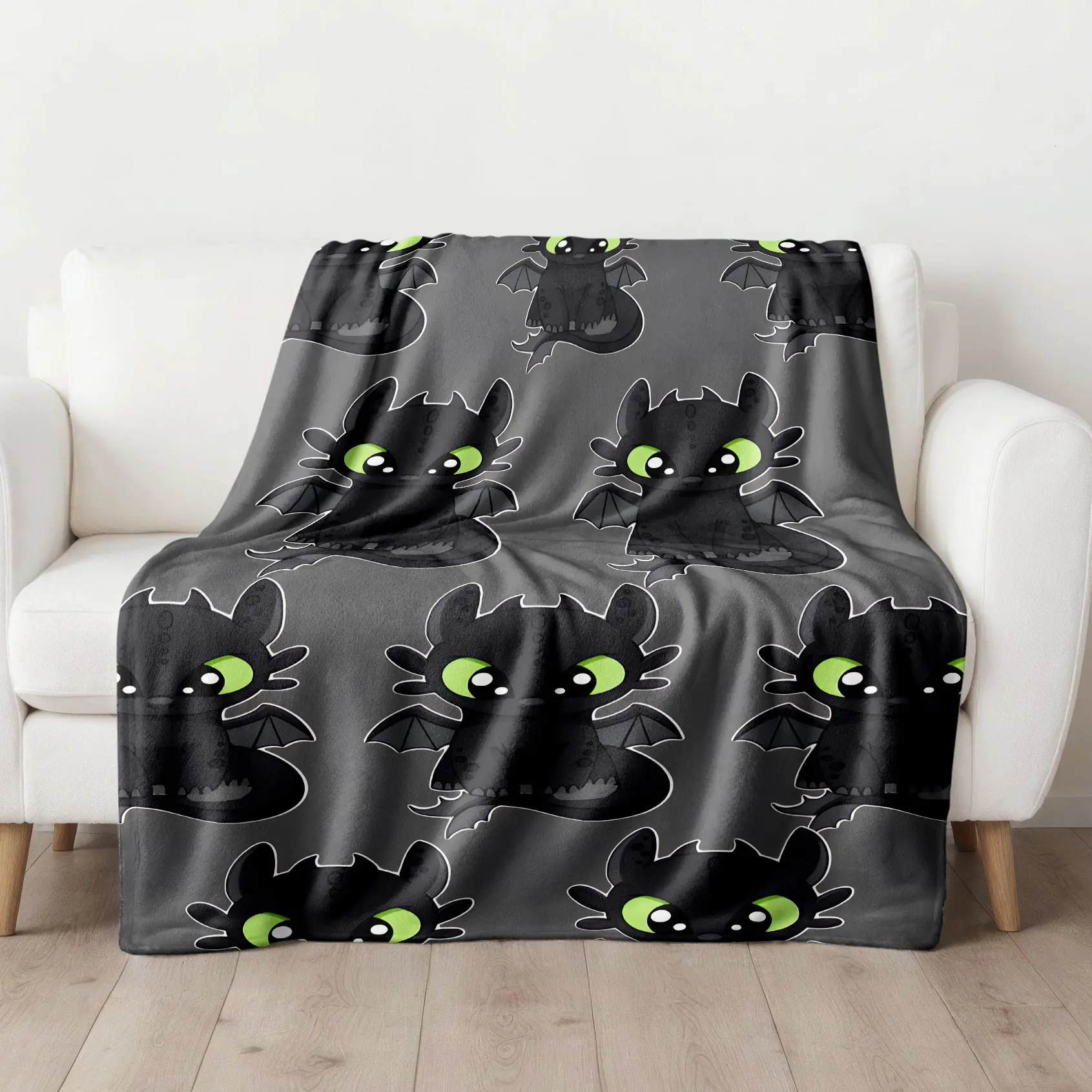 How to Train Your Dragon Toothless Throw Blanket (Cute Chibi Design) - Night Fury Toothless Watercolor Motif Prints, Skin-Friendly & Machine Washable, High-Grade Plush & Double Warmth, Multi-Scene Use, Perfect Gift for HTTYD Fans