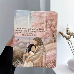 Embracing under cherry blossoms with biblical text, this foldable, non-slip TPU protective case features an adjustable stand and pen holder, and is compatible with Samsung, iPad mini, iPad Air, iPad Pro/iPad 10th and 11th generation iPads.