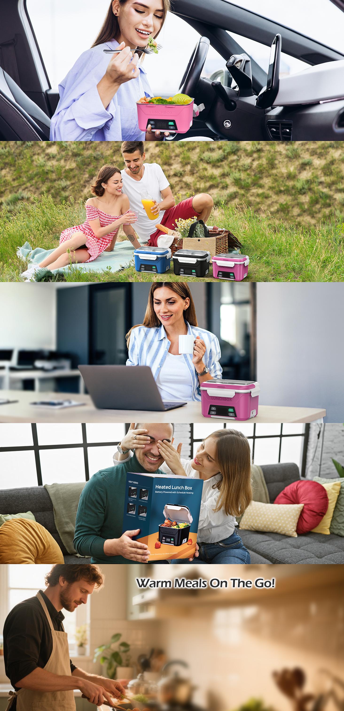 Docusvect Cordless Electric Lunch Box for Adults, Heated Lunch Box Battery Powered with Automatic Heating, 5.5 Cups Portable Food Warmer with Removable Tray Divider