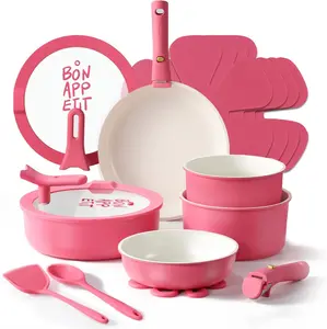 18Pcs Ceramic Cookware Set with Detachable Handle, Pots and Pans Set Non Stick, Non Toxic Kitchen Cooking Sets with Stand-Up Lid, PFAS and PFOA Free, Oven Safe, Induction Ready, Pink