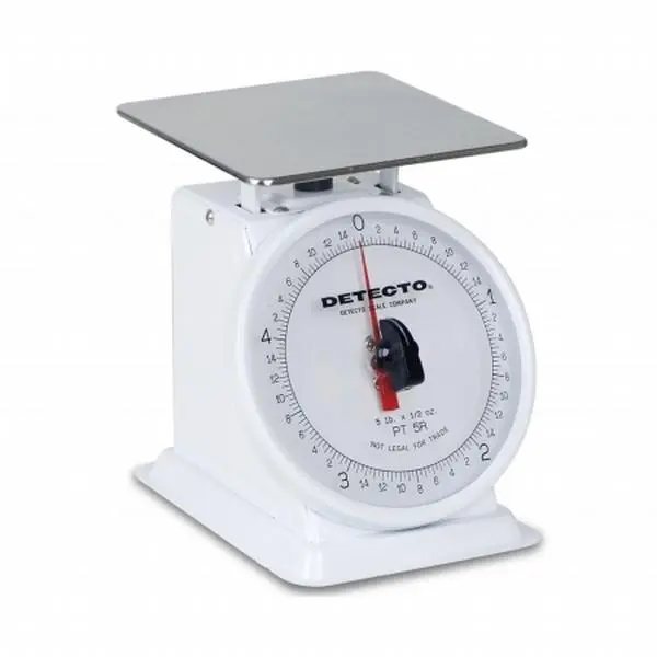 Detecto PT-5R Top Loading Rotating Dial Kitchen Scale - 5 3/4 in. square platform, 5 lbs capacity, 6 in. dial diameter, baked-enamel finish, for checkweighing food portions