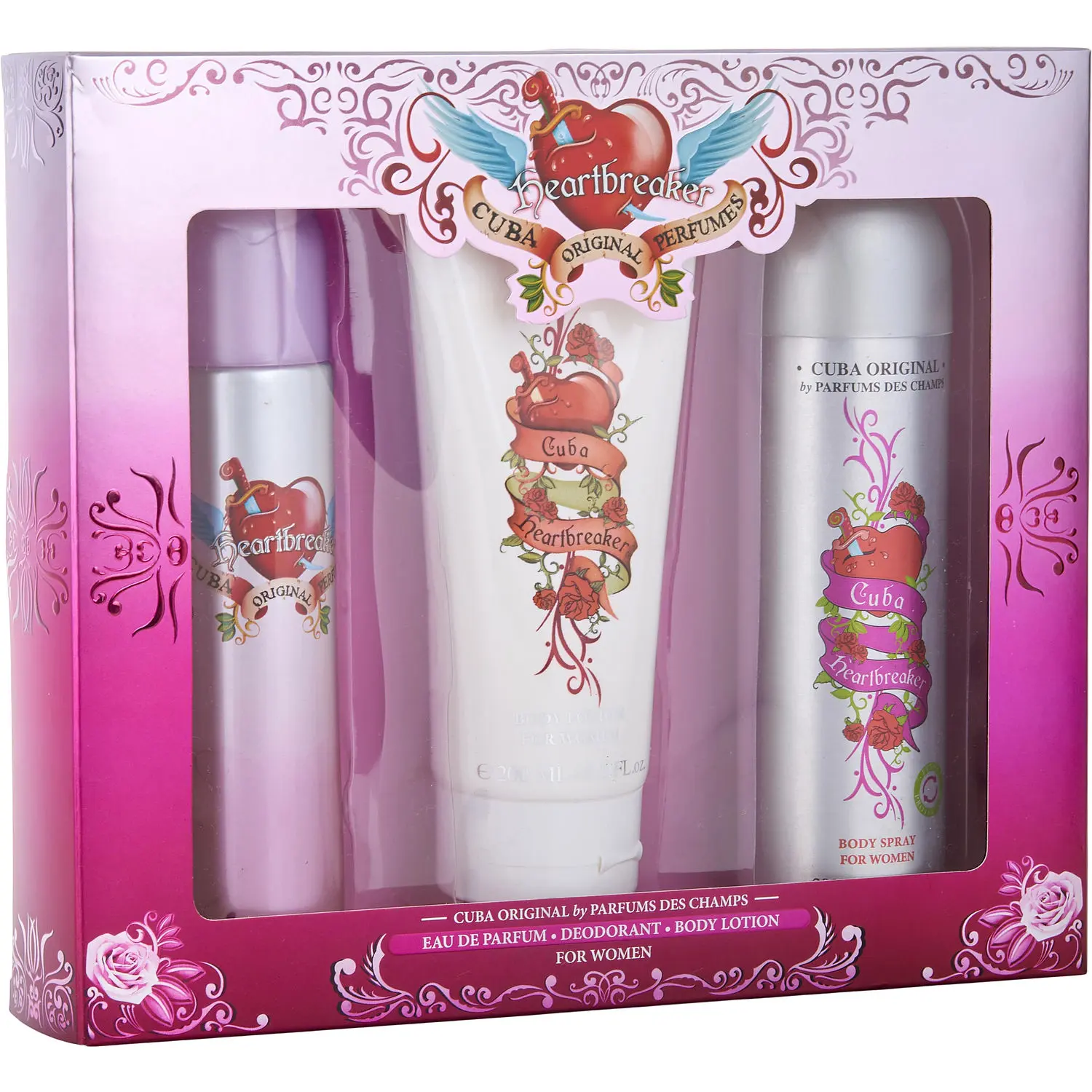 Cuba Heartbreaker Set-Eau De Parfum Spray 3.3 Oz & Body Lotion 6.6 Oz & Body Spray 6.6 Oz For Women