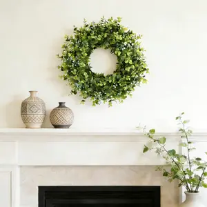 Spring and summer eucalyptus leaves and lemon balm wreaths. Suitable for all seasons as outdoor green decorative items. Applicable to outdoor and indoor spaces such as porch, living room, bedroom, window wall and wall hanging. Rural style home decoration.