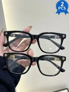 2-Piece New Square Frame Glasses Set, Unisex Luxury Business Style, Face Shape Correction, High-End Lightweight Design