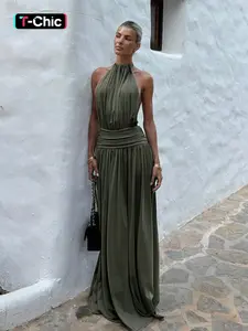 Backless Halter Neck Sleeveless Solid A-Line Dress, Chic Elegant Backless Design, Feminine, Perfect for Evening, Formal, Special Occasions & Daily Wear, Stylish Women's Clothing