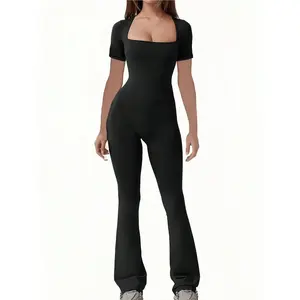 Women's Minimalist Square Neck Short Sleeve Flared Jumpsuit