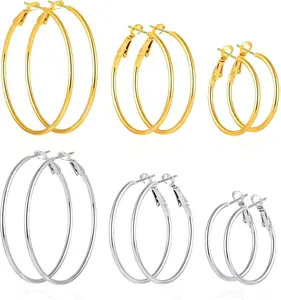 6 Pairs Stainless Steel 14K Gold/Silver Hoop Earrings for Women Hypoallergenic Lightweight Set with 30mm 40mm 50mm Sizes Thin Design