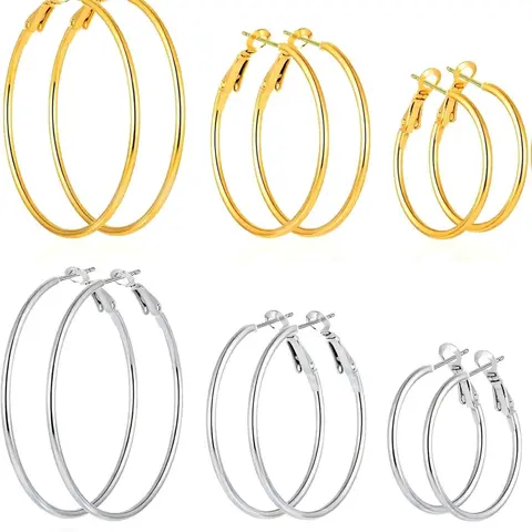 Women's 6-Pair Plain Stainless Steel Hoop Earrings Jewelry Set - 14K Gold/Silver, Hypoallergenic, Lightweight, Thin, 30mm/40mm/50mm Sizes, Daily Wear-Resistant, Earrings Hoops for Wedding, Perfect Gift