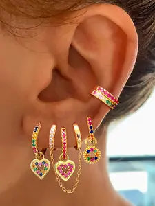 6 Pcs Lovely 24K Gold Plated Cubic Zirconia Multicolor Cuffs Earrings Set For Women Colorful Zircon Chain Hoop Earrings Pack Heart Drop Dangle Earrings Stack Fashion Jewelry Gift Heart Design Earrings