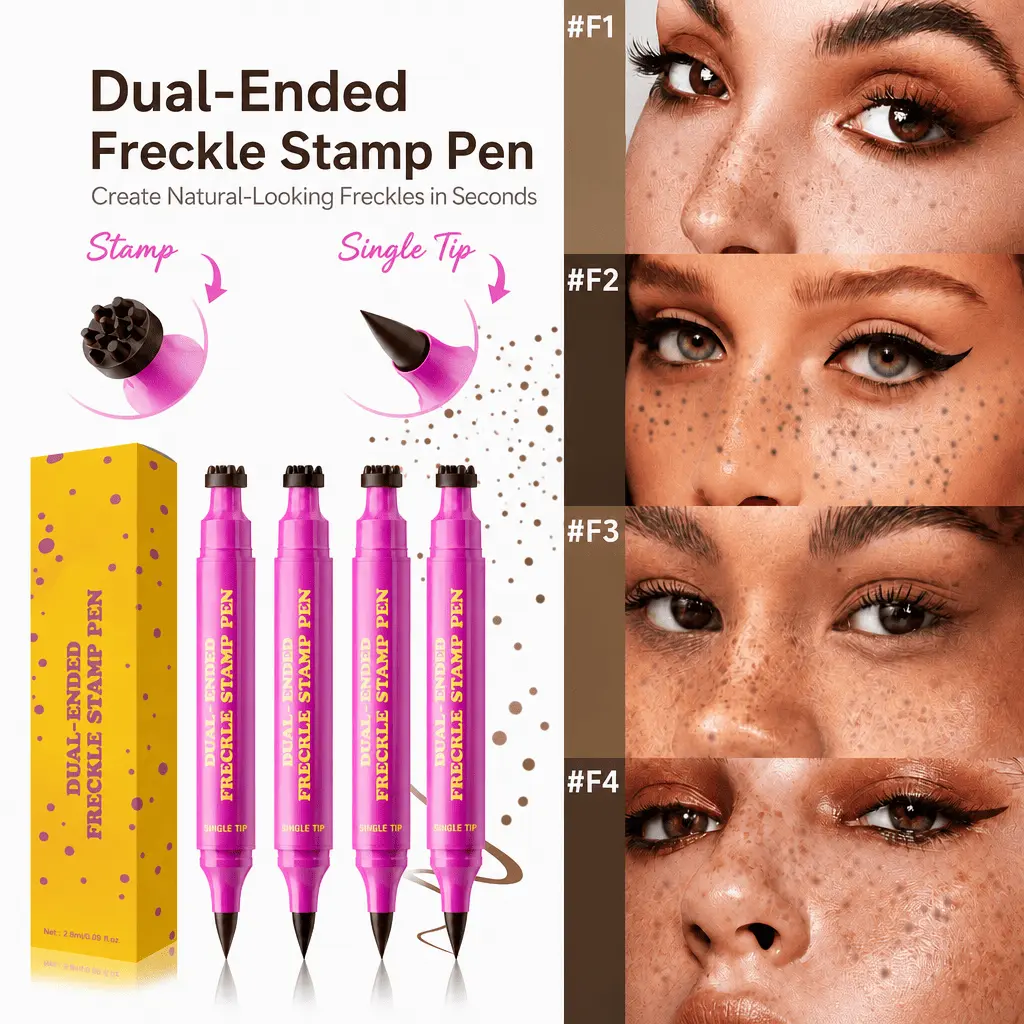 Double-Ended Freckle Makeup Pen - 2-in-1 Stamp & Fine Tip, Waterproof, Smudge-Proof, Long-Wear, Easy to Apply, Blendable, Multi-Shade, Suitable for Daily Face Freckles Use & All Skin Types