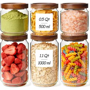 6PCS (1.1Qt/0.5Qt) Glass Pantry Storage Container with Acacia Wood Lid, Airtight Glass Canister with Stacked Design for Orderly Organizing Dry Goods in Pantry & Cabinet