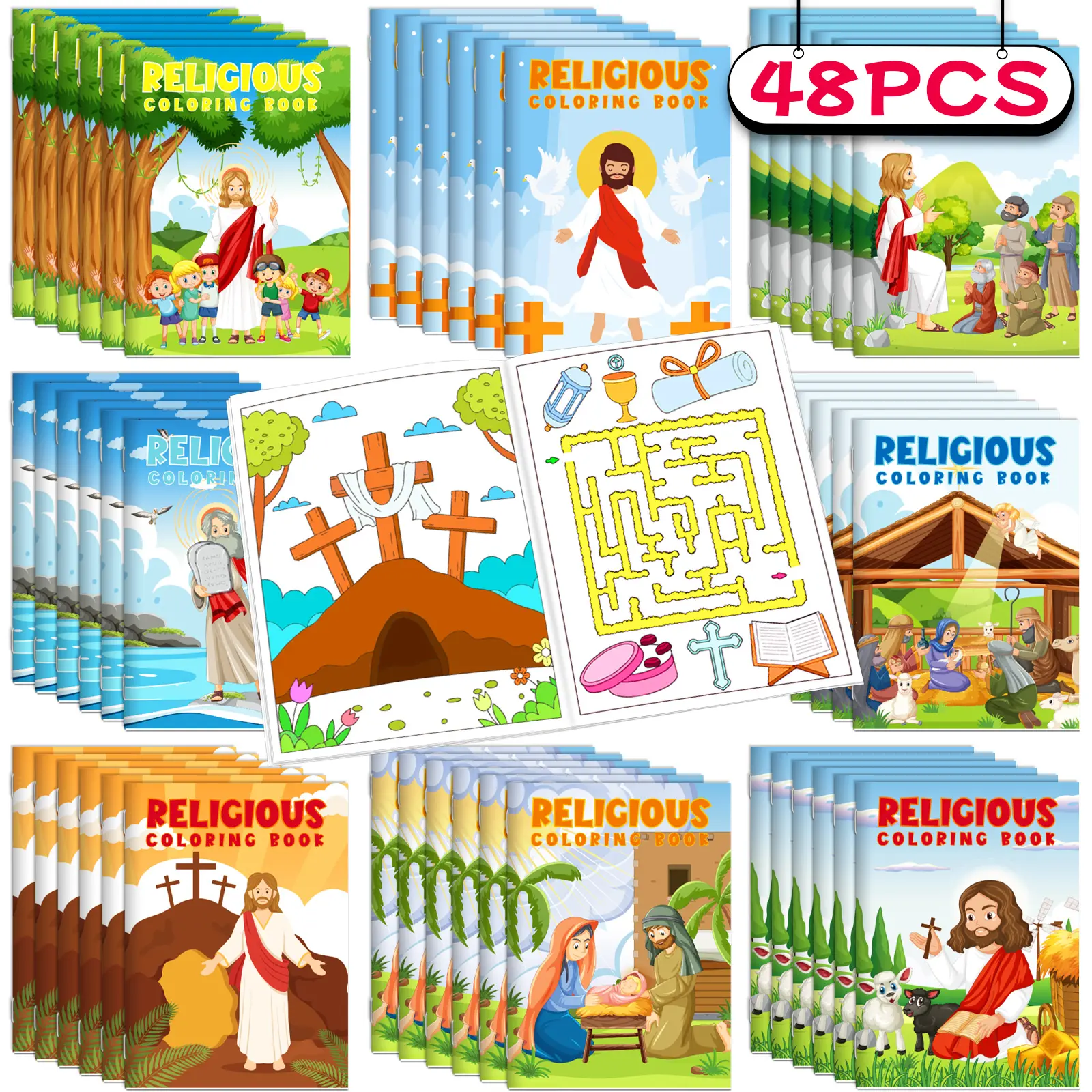 48 Pcs Bible Coloring Books for Kids Mini Religions Coloring Books Bulk Holiday Activity Books for Girls Boys Church Sunday School Classroom Party Supplies Birthday Gift Easter Basket Stuffers
