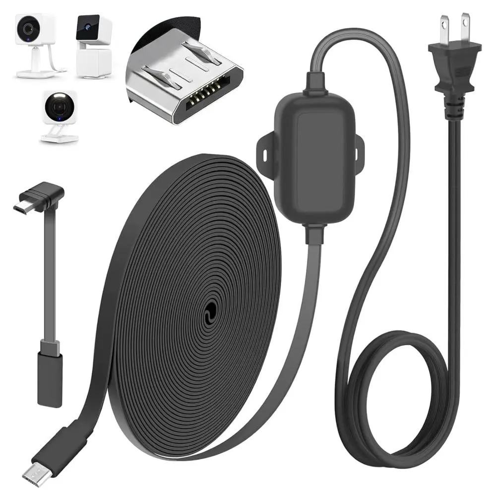 25FT Outdoor Power Adapter for WYZE Cam V4/Cam OG/V3/V3 Pro, L-Shape Micro USB Extension Cable for WYZE Cam Pan V3, IP67 Waterproof Flat Cable for Charging Your Camera