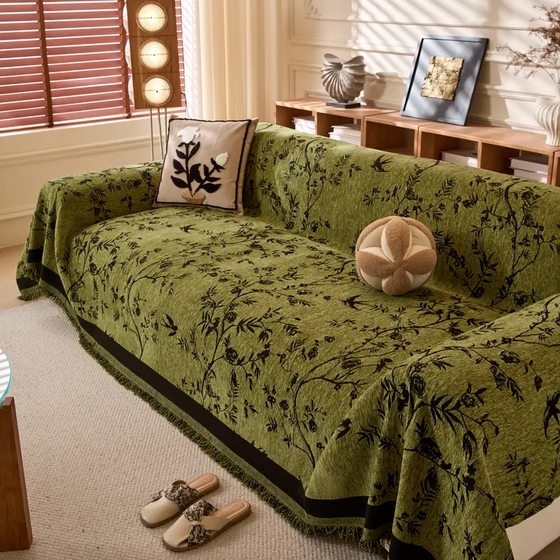 SlumberHome Chenille Sofa Blanket with Plant Leaf Texture - Elastic Furniture Protector, Dustproof Couch Protector, Couch Slipcover, Slipcover Sofa Towel, Pet-Friendly, All-Season Aesthetic Home Decor for Living Rooms