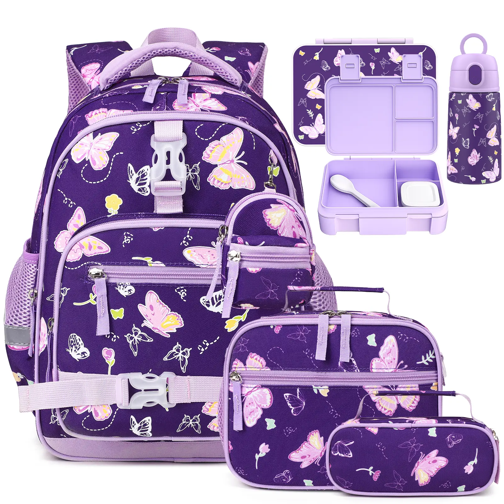 SIMILOVE 3pcs-Butterfly Backpack Set for Girls (Ages 5-8), 15"x11.4"x6.3" Compact School Backpack, Safe Materials Lunch Bag & Pencil Case, Elementary School Gift for Preschool Graduation