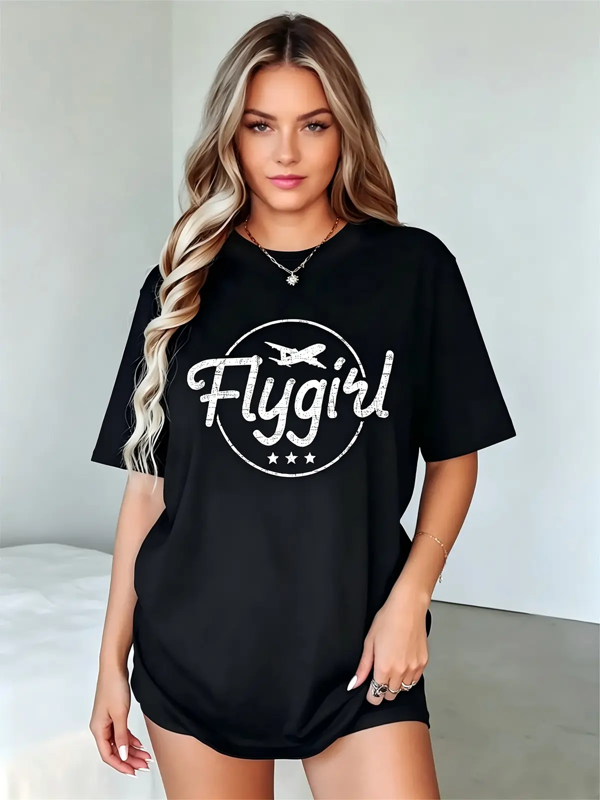 Women's Black Flygirl Graphic T - Shirt with Airplane & Stars, Casual Crew Neck Tee for Daily Wear, Travel, Aviation Enthusiasts, Comfortable Fashion for Ladies & Girls, Basic, Prints, Tshirt, Essential, Elegant, Feminine, Cotton, Top