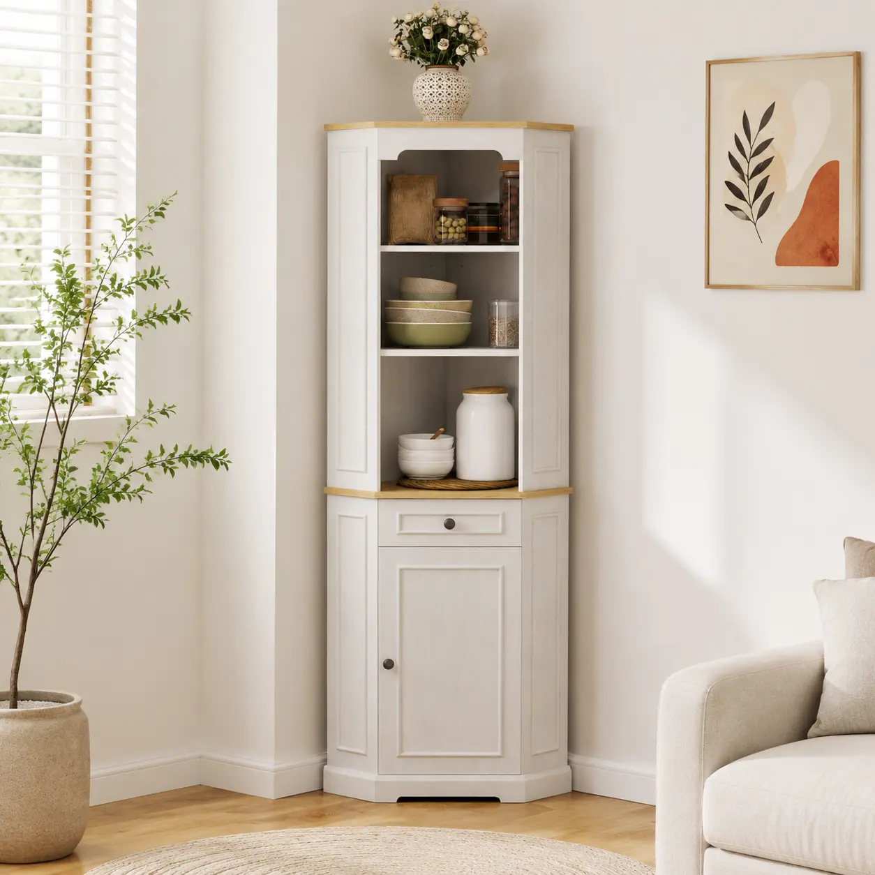 littleox 68" Tall Corner Cabinet, Freestanding Corner Storage Cabinet with 1 Door, 1 drawer and a Adjustable Shelf, Farmhouse Bar Storage Cabinet for Living Room, Dining room, Kitchen, Bathroom-Antique White