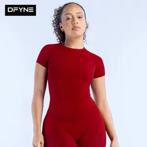 (With Logo) DFYNE Women’s Seamless Short Sleeve Workout Top High Stretch Moisture-Wicking Gym T-Shirt