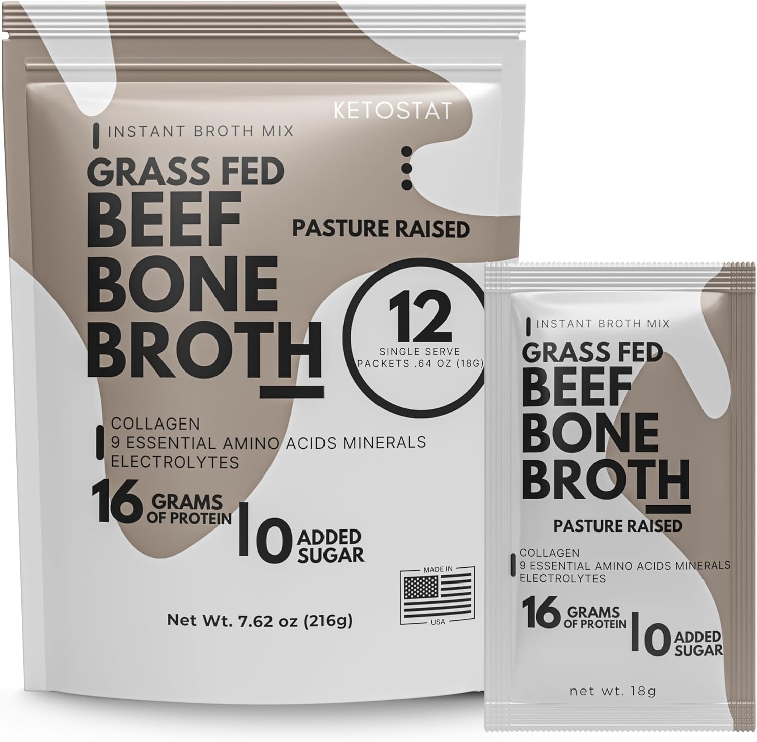 Ketostat Grass Fed Beef Bone Broth Powder Packets 12 Pack 16g Hydrolyzed Collagen Amino Acids Electrolytes Sipping Broth Powder Made in USA Natural Muscle Protein Supplement Edible Colagen