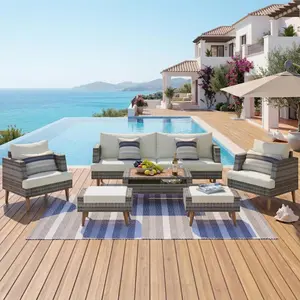 Aobtkel®6-Pieces All Weather PE Wicker Sofa Set, Outdoor Rattan sofa With Double Cushions, Wood Legs Wood Table Top, Beige and Gray