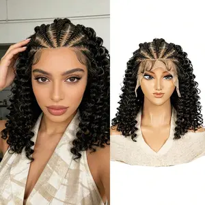 More Beautiful 16 Inch Cornrow Braided Wig Curly Bob Style HD Lace Front Wig Glueless Transparent Lace Pre Plucked With Baby Hair Synthetic Braided Wigs