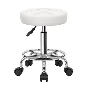 KKTONER Round Rolling Stool Chair PU Leather Height Adjustable Swivel Drafting Work SPA Shop Salon Stools with Wheels Office Chair Small (White)
