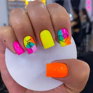24pcs Colorful Vibrant Neon Love Heart Press-On Nails - Short Square, Glossy Finish, Includes Jelly Glue, Nail File & Stick - Ideal for Perfect Days