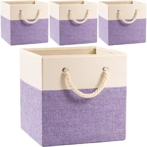 Large Foldable Cube Storage Bins 11x11 inch [4-Pack] Fabric Linen Storage Baskets Cubes Drawer with Cotton Handles Organizer for Shelves Nursery Closet Bedroom Purple